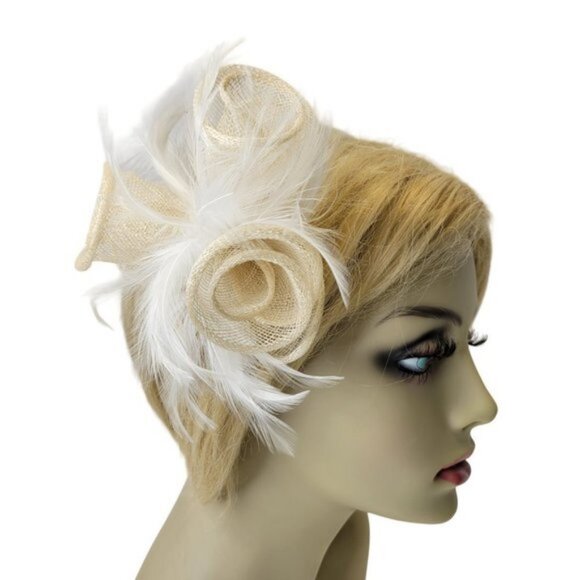 Cream Flowers Small Fascinator with White Feathers Hair Accessory Dress Corsage main image 7
